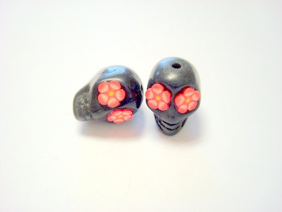 Red Flower Eyes in Black Day of The Dead Sugar Skull Beads-12mm