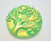 Green Gold Twirly Tree of Life Handmade Polymer Clay Pendant