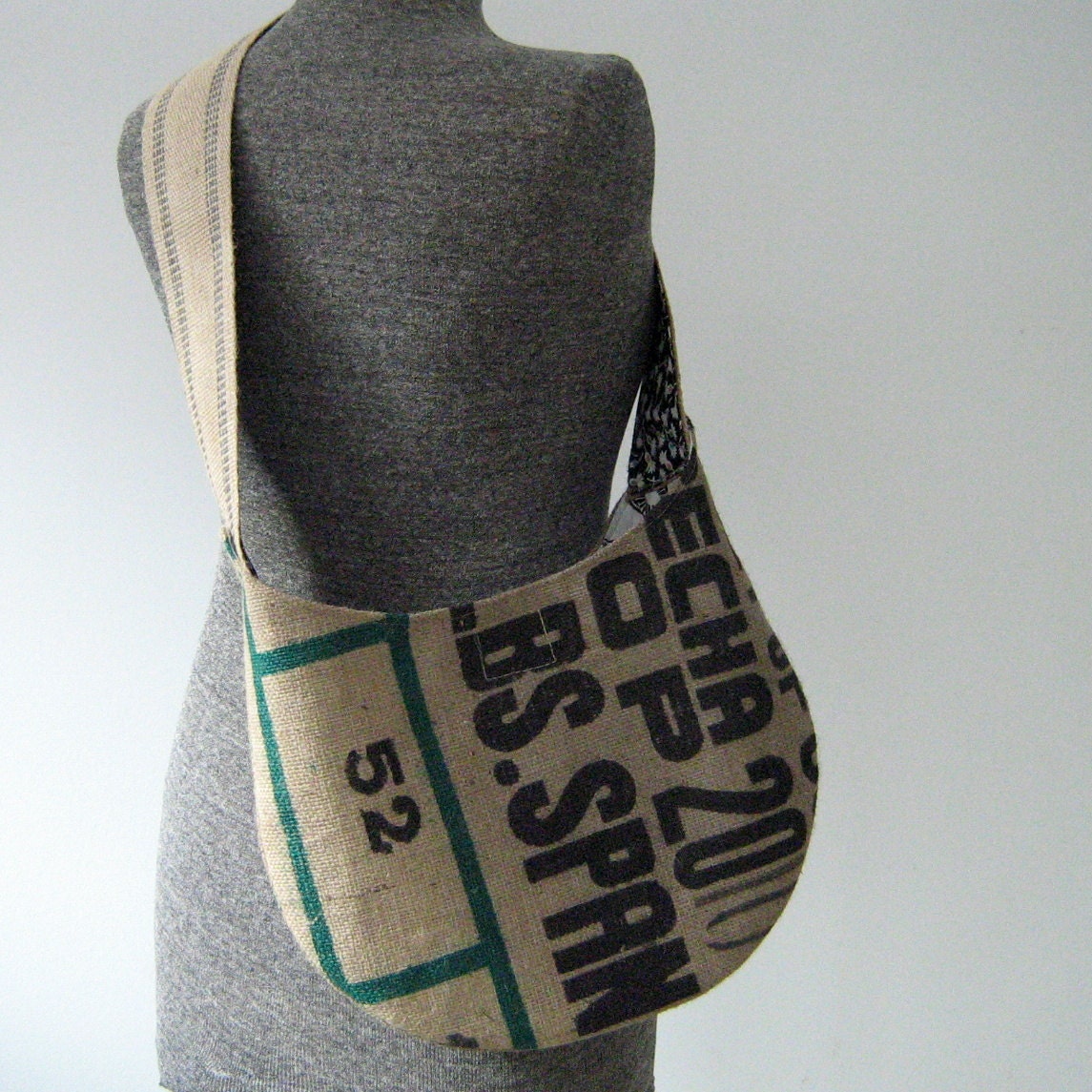 Recycled Burlap Coffee Bag Hobo Bag, Purse, Crossbody Bag