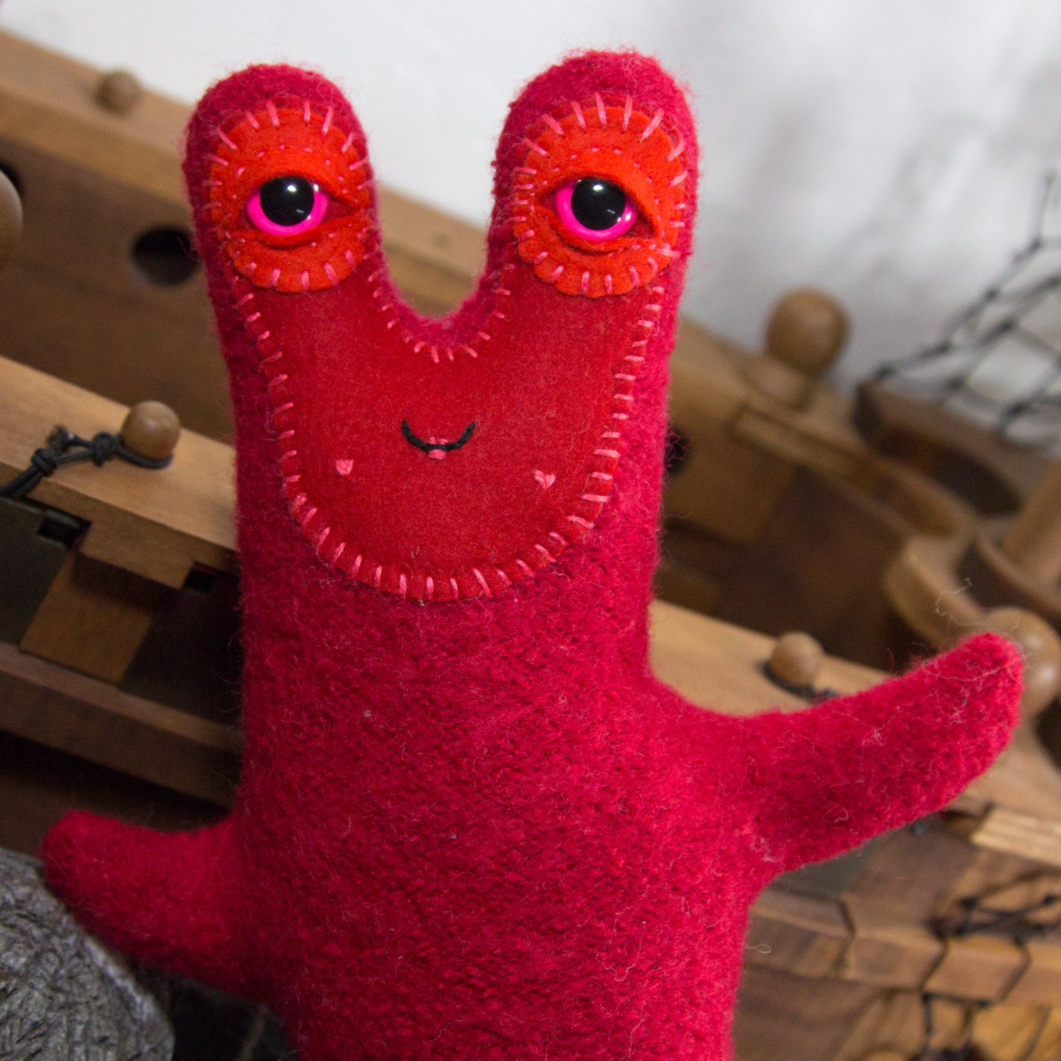 UP FOR ADOPTION - Vivid red sea slug gnomey girl Gretta in felted recycled red lambswool