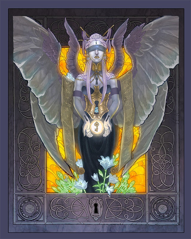 Keeper of Secrets Dark Angel with Key and Keyhole Corset Art Print CHOOSE YOUR SIZE
