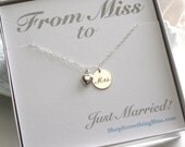 Just Married Mrs. Necklace, Engraved Script & Heart Charm in Sterling Silver, New Bride, Bridal Shower Gift, Honeymoon, Sentiment Card