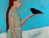 8x10 Matte Print - Be Still Child - girl, bird, hand, sage dress, blue sky, snowy hill