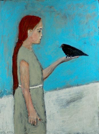 8x10 Matte Print - Be Still Child - girl, bird, hand, sage dress, blue sky, snowy hill