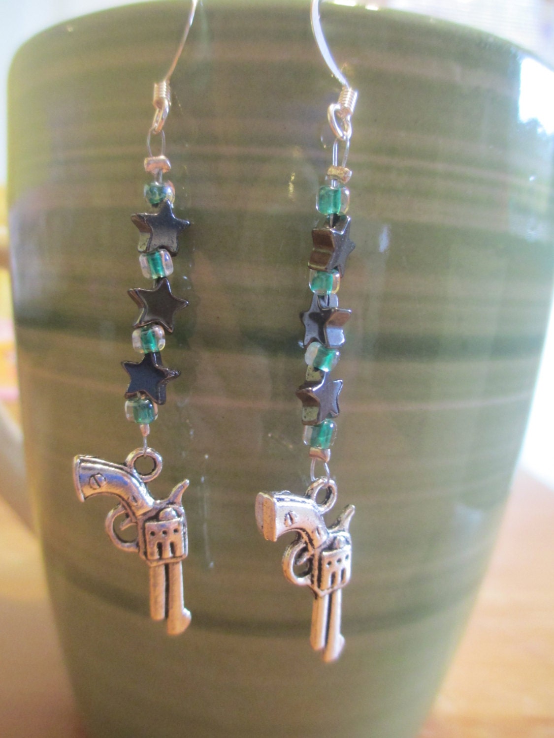 Green Stars Silver Pistol Earrings Dangle Revolver Gun Jewelry
