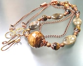 Rustic Bohemian Eclectic Necklace Handmade Wooden Bead, Brown Flower Agate, Tiger Eye Gemstone, Copper Chain
