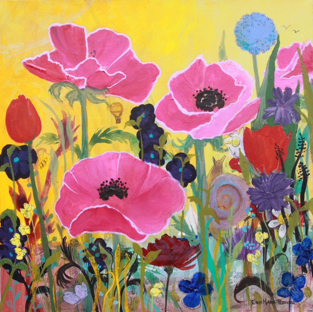 Pink Poppies and snail time traveler floral and fun print