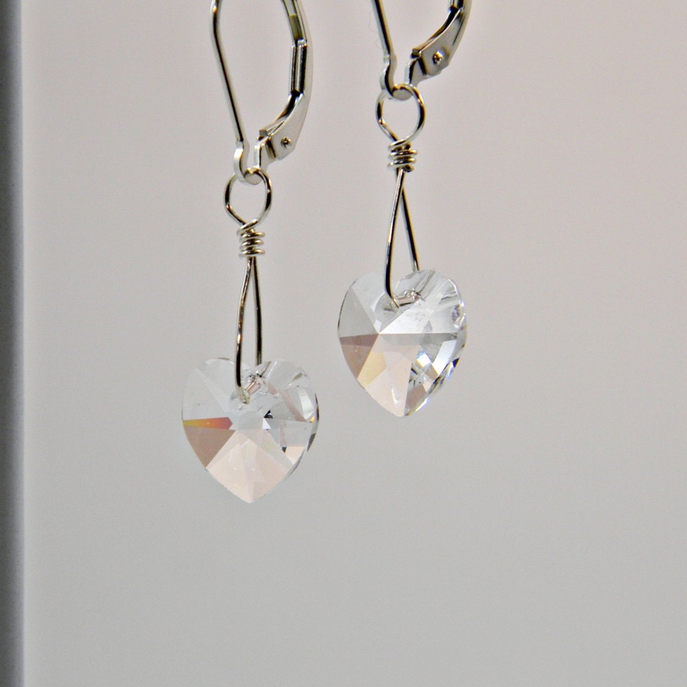 Interchangeable  Earrings Dangles - Clear Crystal Heart And Sterling Silver - Buy Three Receive Free Ear Wire