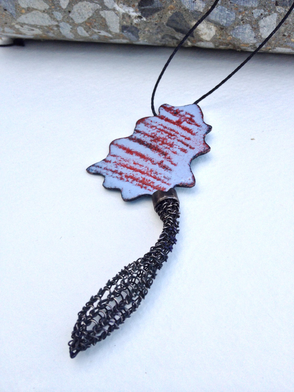 Blue and Red Enameled Pendant with Crocheted Sterling Silver on Bamboo Cord