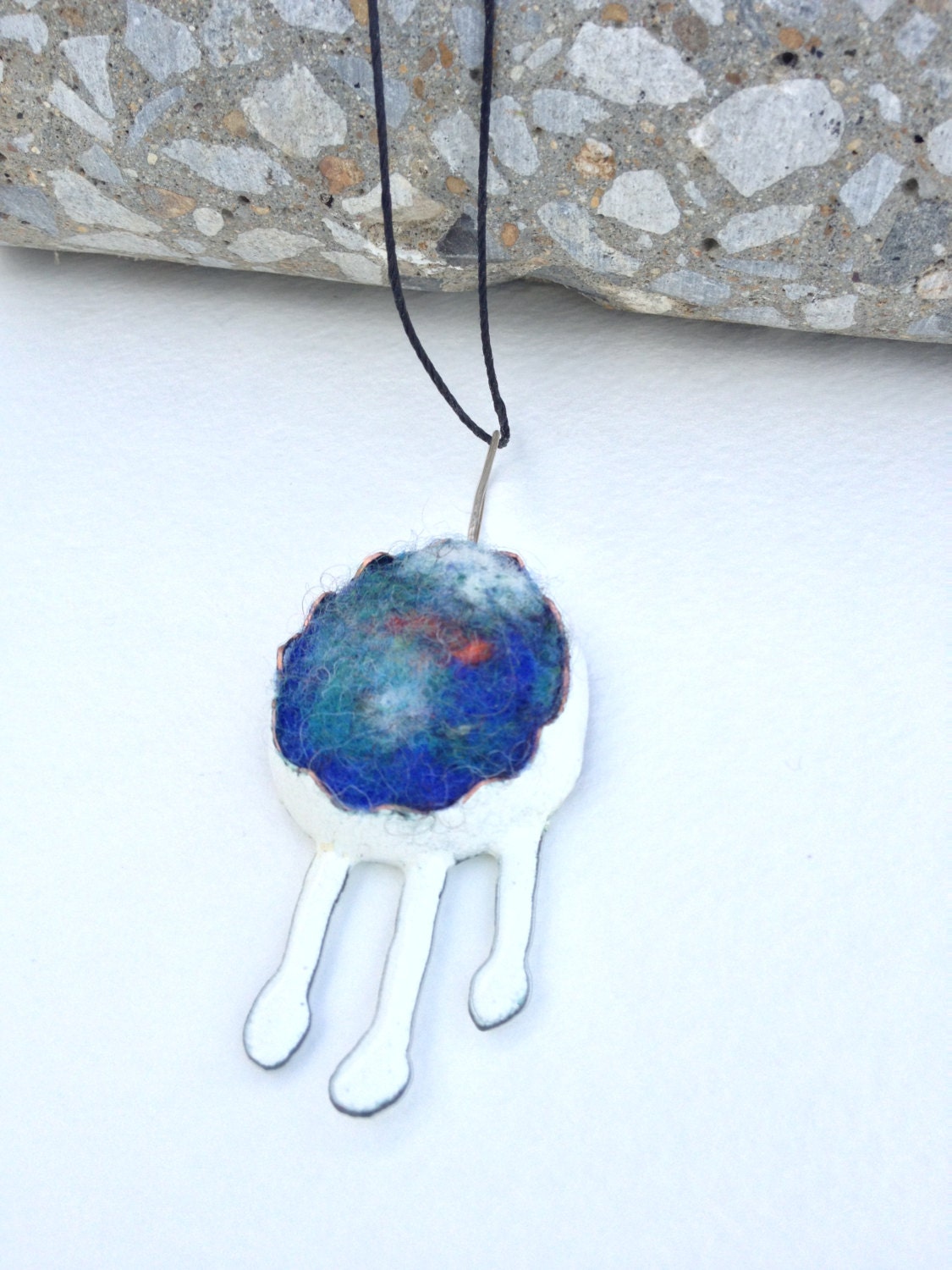 White Enameled Copper Drip Necklace with Needle Felting
