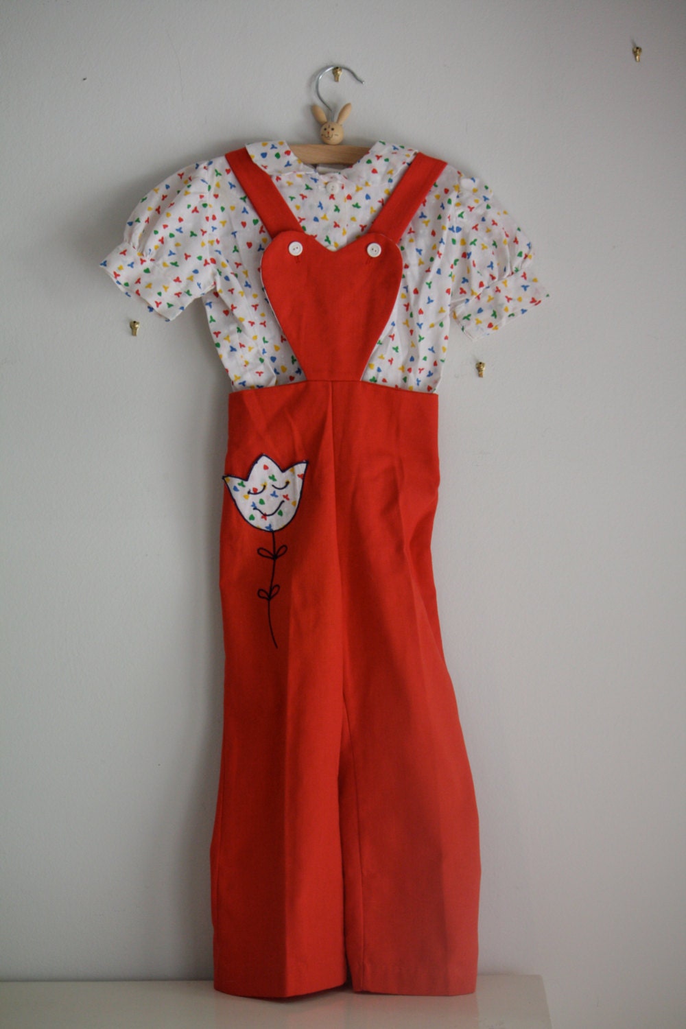 Vintage Kane of Miami Red Tulip Overalls with Hearts & Flowers Blouse 5T