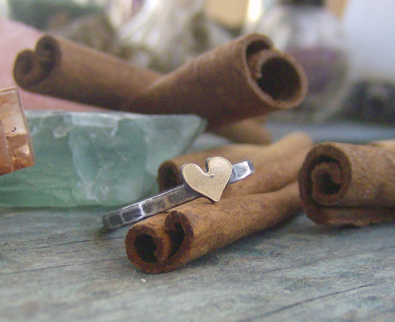 Rustic Golden heart fine silver custom single stacking ring