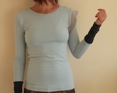 XS upcycled top long sleeved in pale blue and grey - extrasmall