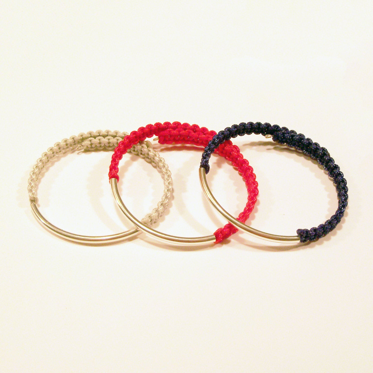Set of three nautical silver bar rope bracelets on adjustable memory wire