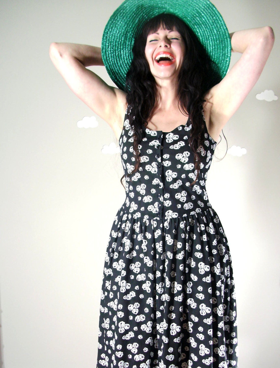 Vintage maxi dress high contrast black white floral fitted button down FLOWERS & FUN