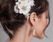Bridal Head Piece, Ivory Silk Flowers and Lace, Birdcage Fascinator - Keysha