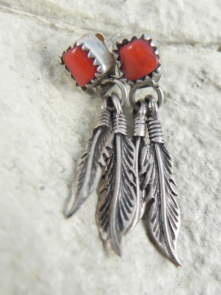 Native American Coral Feather Earrings