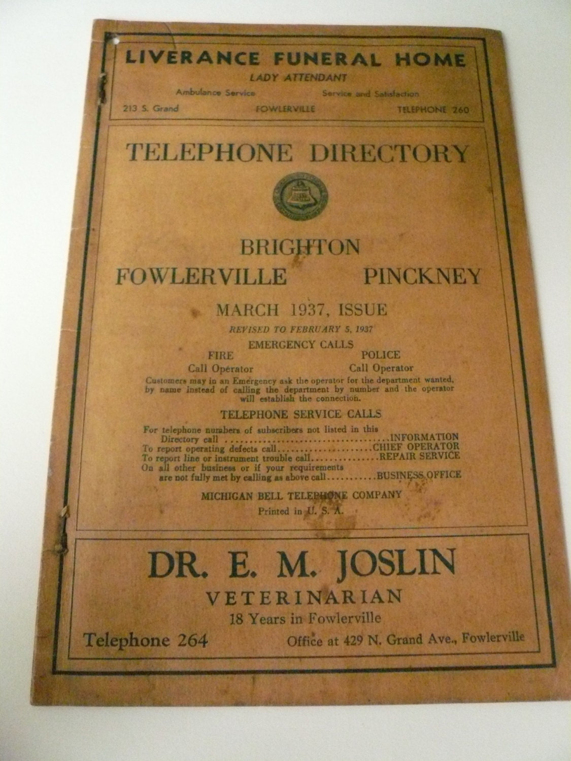 Antique Michigan 1937 Telephone Directory for Brighton Fowlerville and Pinckney