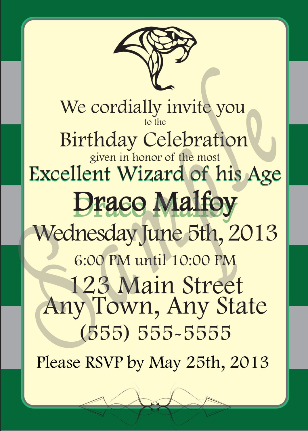 Slytherin/Harry Potter Inspired/Snake Green and Silver Themed Birthday Invitation-House Green Witch or Wizard, Boy or Girl- Digital