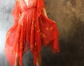 Vintage 1970s Sheer Summer Layering Kimono Dress Witchy Hem Handpainted Flowers