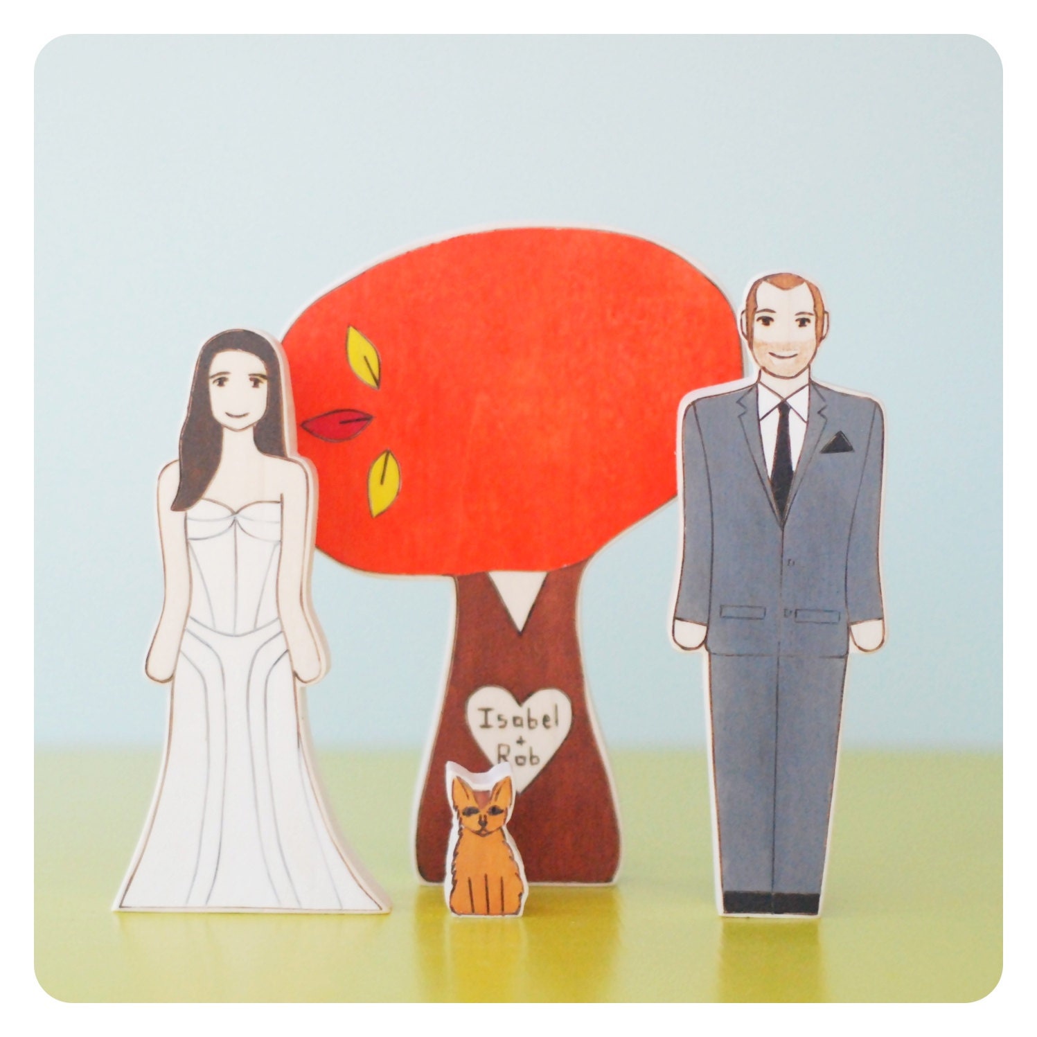 Custom Fall Wedding Cake Topper Couple with Pet and Personalized Large Fall Sweetheart Tree