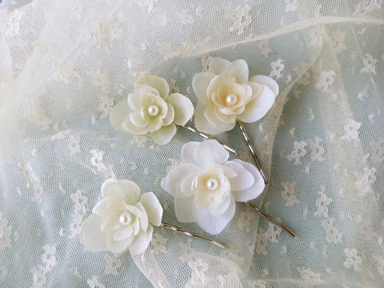cream wedding hair pins, ivory flower, bridal hair accessories, hair accessory - DEWDROPS - hair clip, bridesmaid, flower girl, pearls