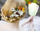 cream flower hair comb with monarch butterfly, rustic wedding hair accessory, orange green - IN THE FIELD - bridal hair accessories