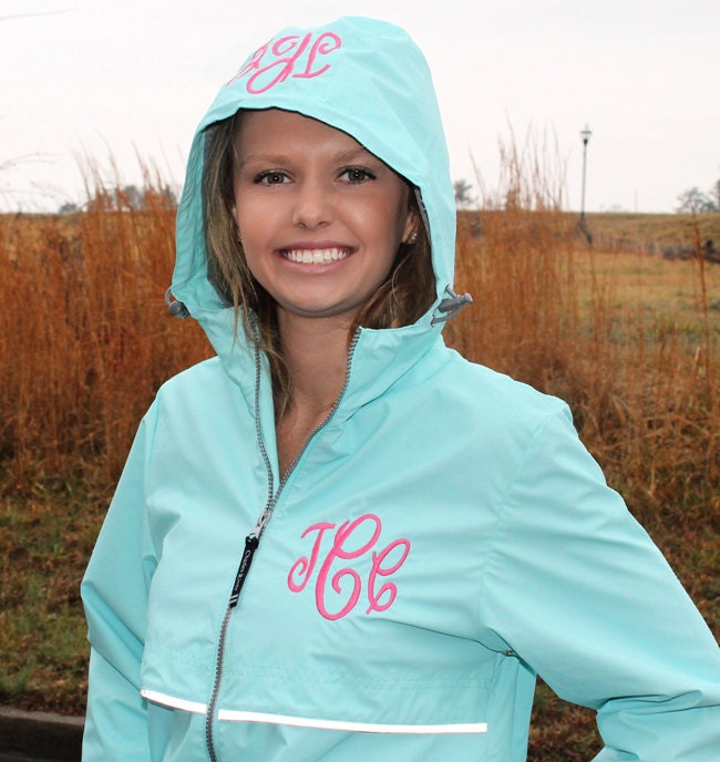 Monogram Aqua Rain Jacket Personalized Hood & Left Chest