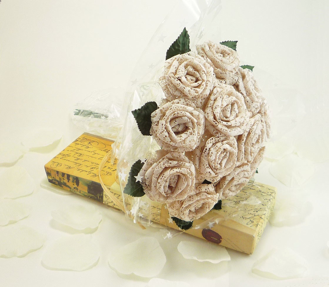 Origami Lace Fabric Rose Bouquet in Antique Ivory (1 Dozen Gift Wrapped)