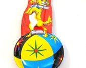 60s Circus Dog whistle, Japanese tin toy in red, yellow & blue.