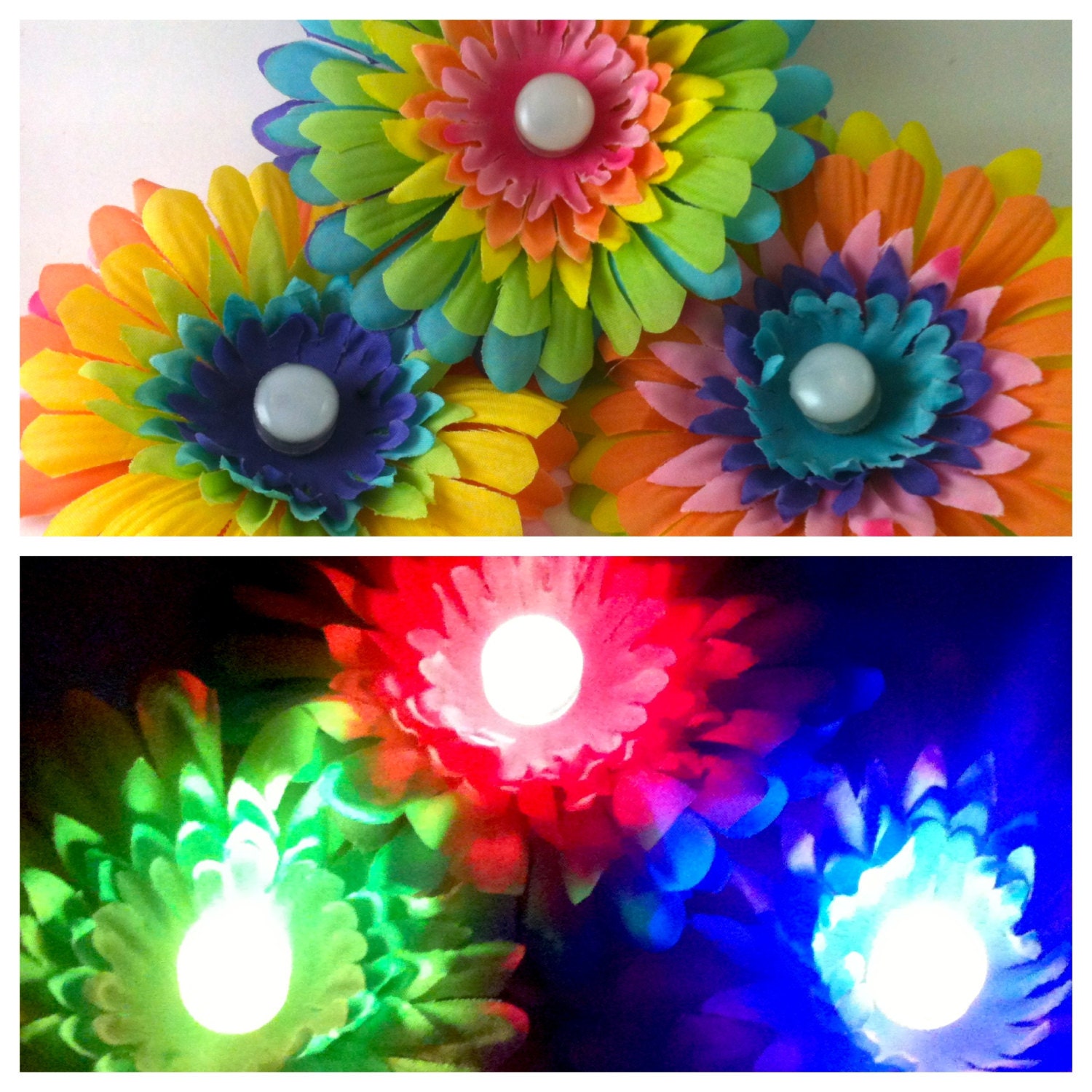 LED Rainbow Daisy Hair Clip. Glowing Rainbow Blacklight Accessory, Electric Neon Light, Rave Wear, Music Festival Costume, Outfit