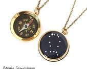 Gemini Constellation Necklace with Working Compass, Pocket Compass, Long Brass Chain, Stars, Astronomy