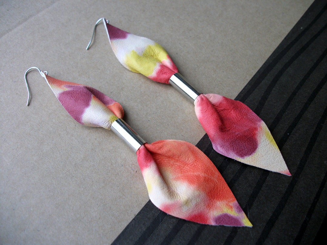 Water Color Red Pink Yellow Bow Leather Earrings
