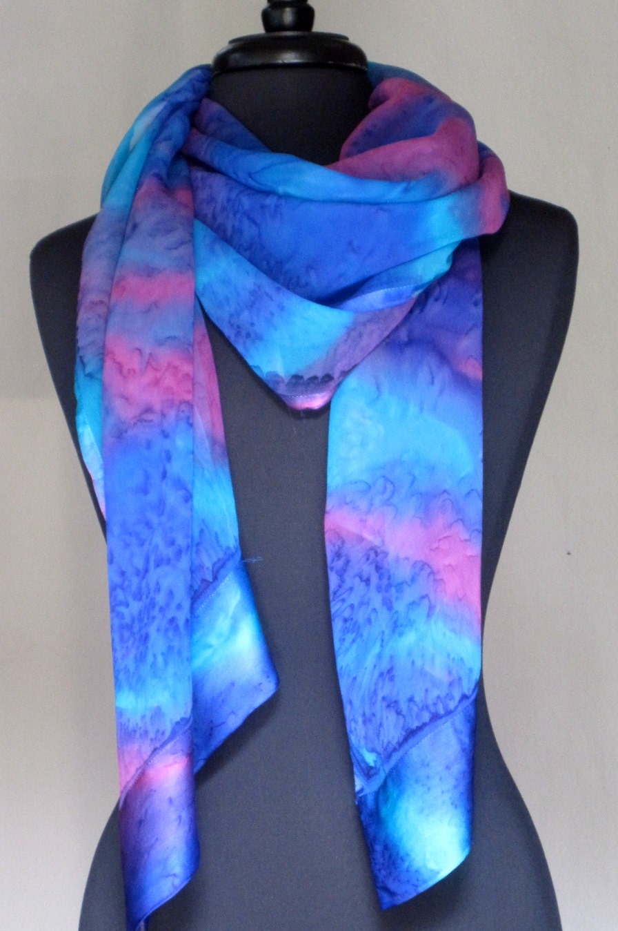 Turquoise Blue, Magenta Hand Painted Silk Satin Trimmed Chiffon Shawl