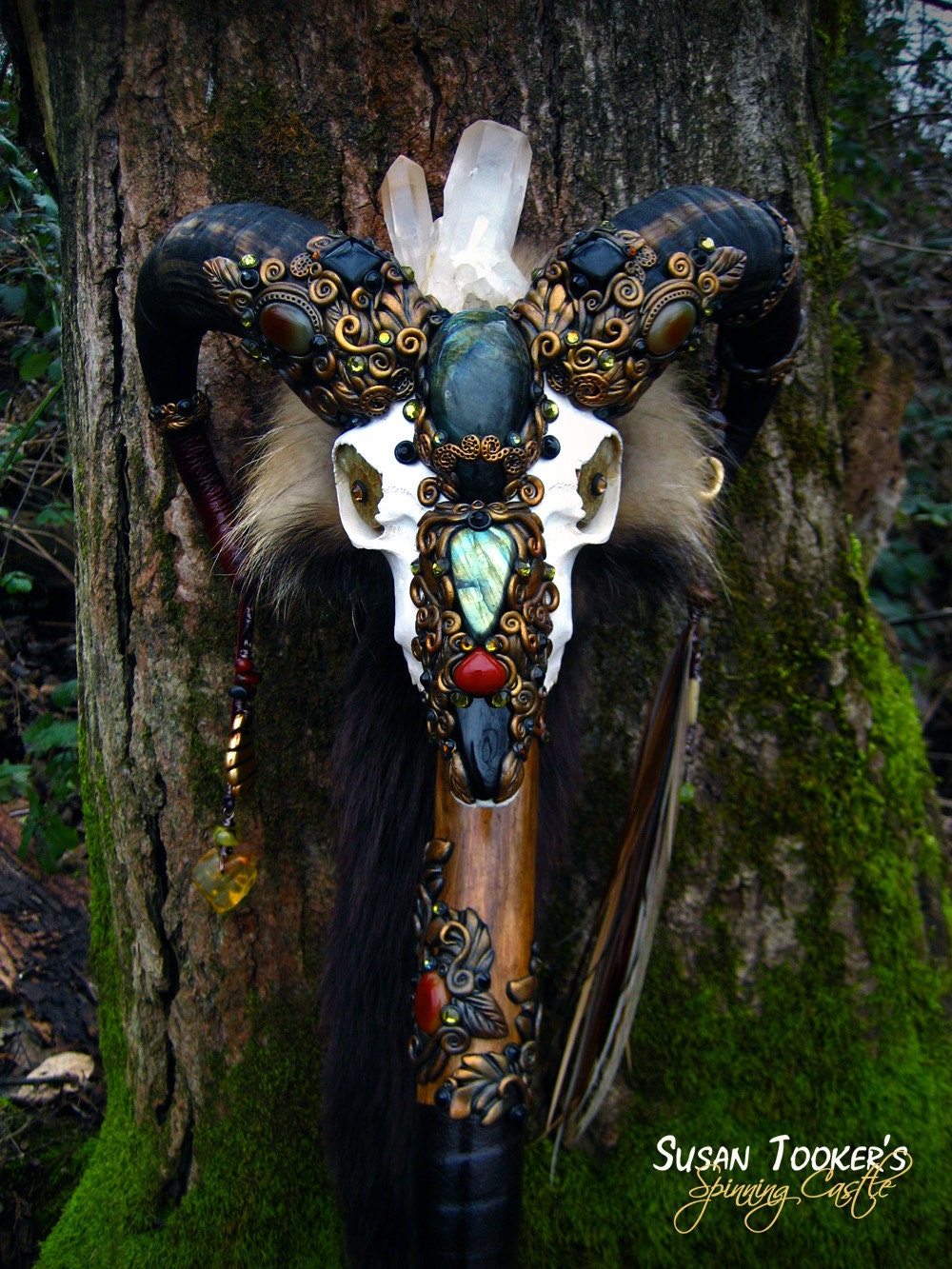 SACRED RAM Skull Staff Labradorite Black Tourmaline Carnelian Druid Wizard Pagan Wiccan Magic Walking Stick Agate Fox Fur by Spinning Castle