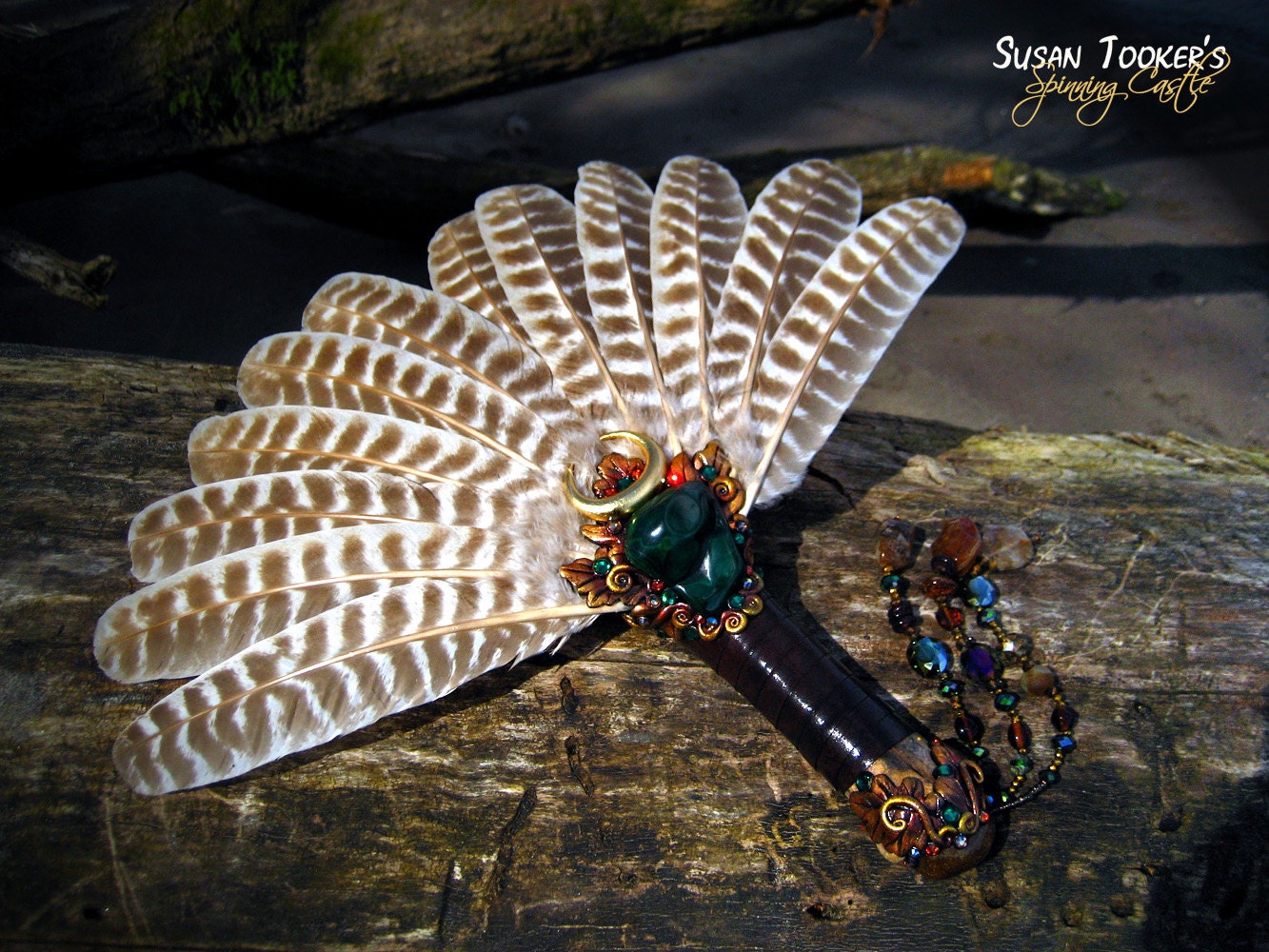 Smudge Fan Turkey Feathers Green Malachite Gold Rutile Quartz Bison Buffalo Fossil Pagan Altar GREENWOOD BLESSINGS by Spinning Castle
