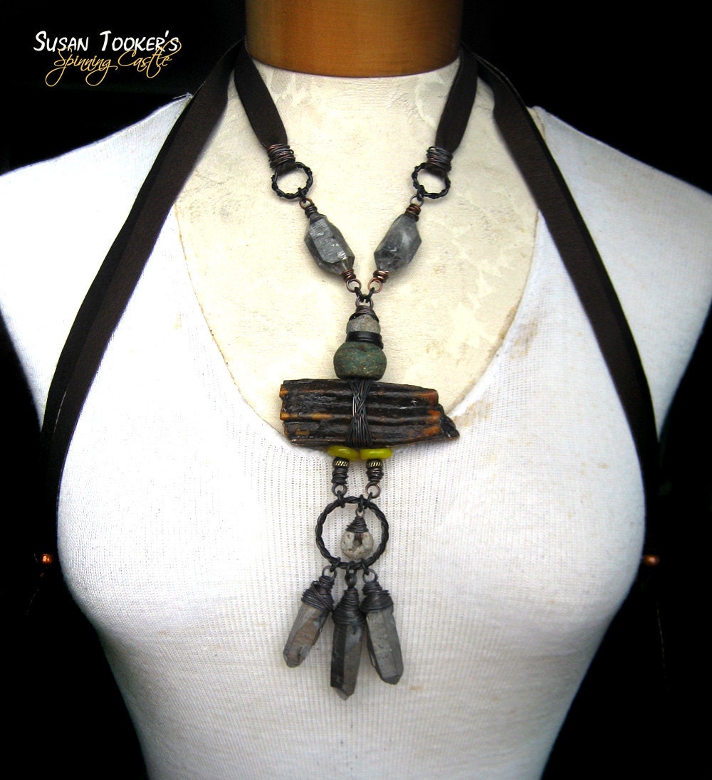 Horse Tooth Fossil Amulet Necklace Black Tibetan Silver Aura Quartz Shaman Talisman Pagan Rustic Pendant EPONA'S SHRINE by Spinning Castle