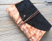 Leather and Suede Handbound Blank Journal  Black and Green Rustic Sketchbook Tie Wrap Closure