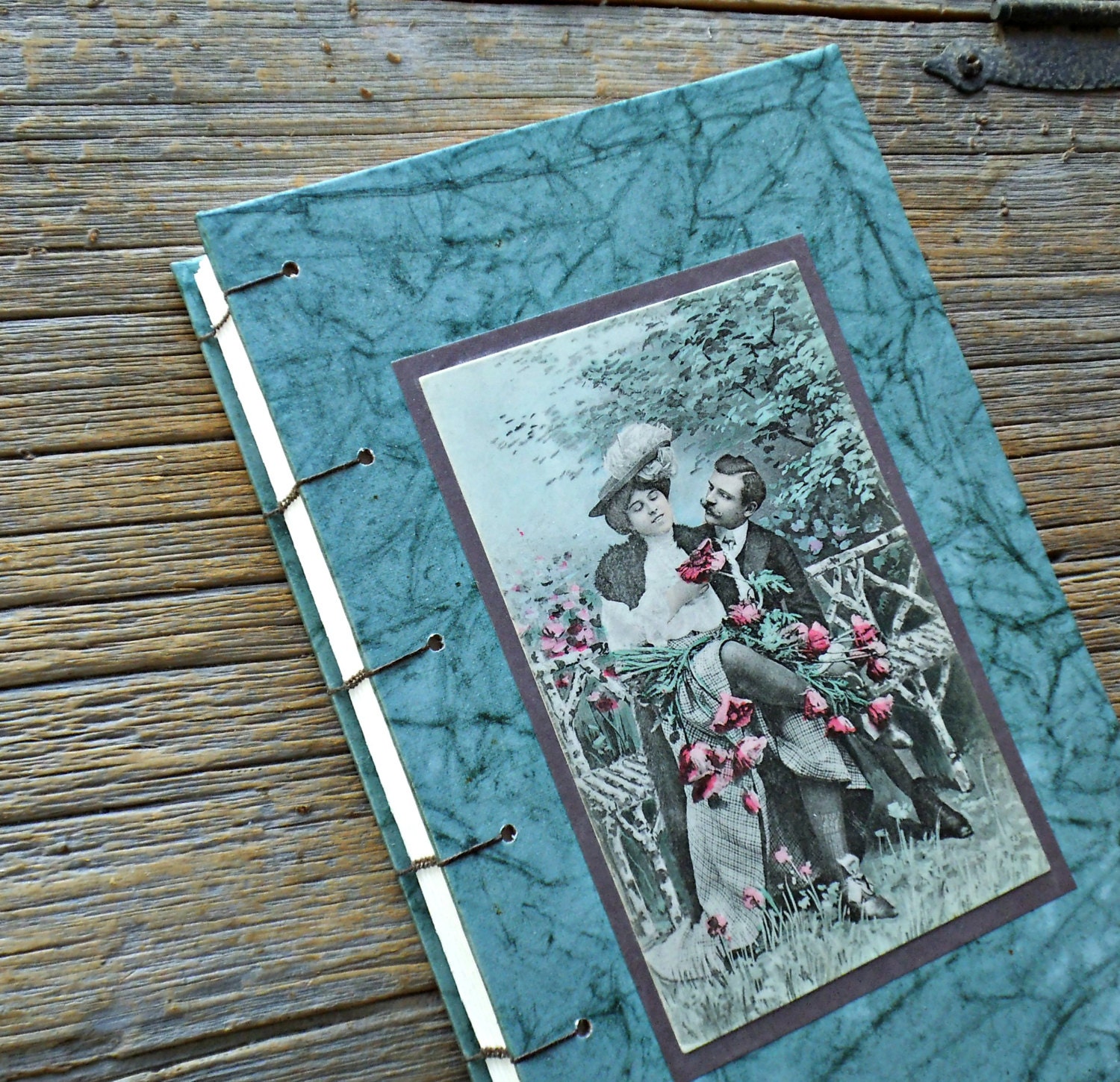 Large Handmade Blank Hardcover Teal Coptic Stitch Journal Book With Vintage Valentine Post Card