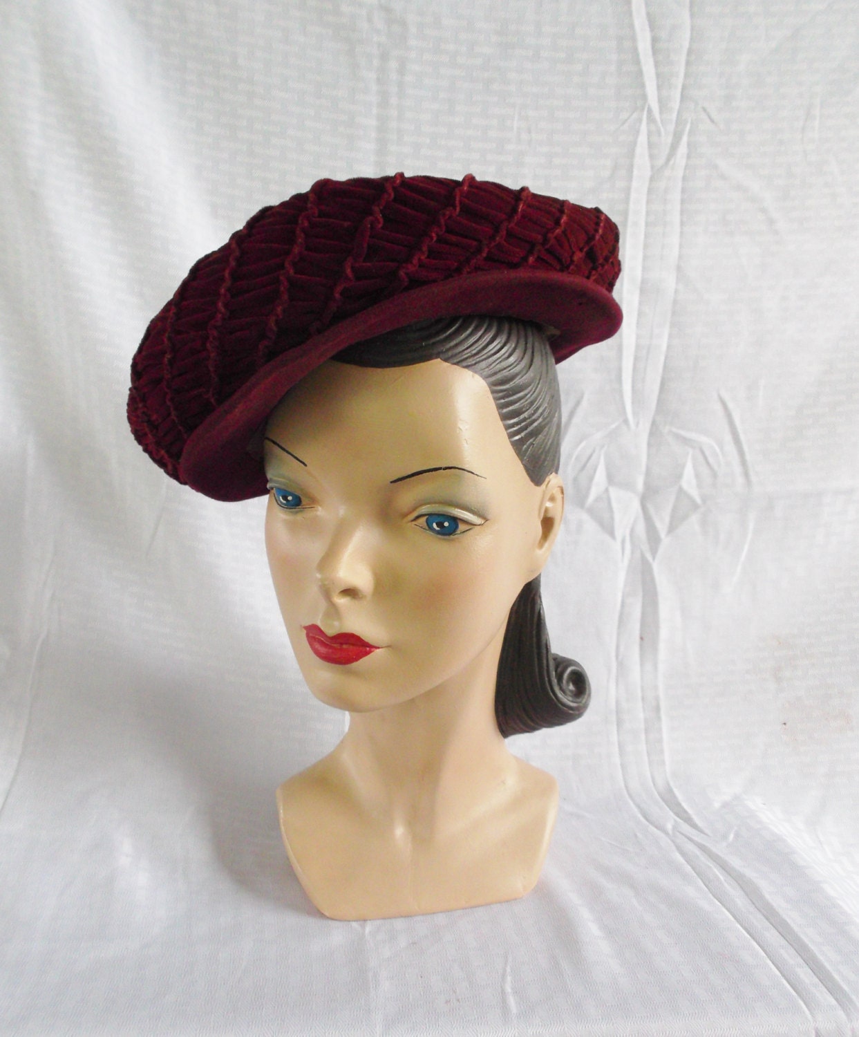 1940's Vintage Custom Made Laddie Northridge Burgundy Felt and Velvet Hat