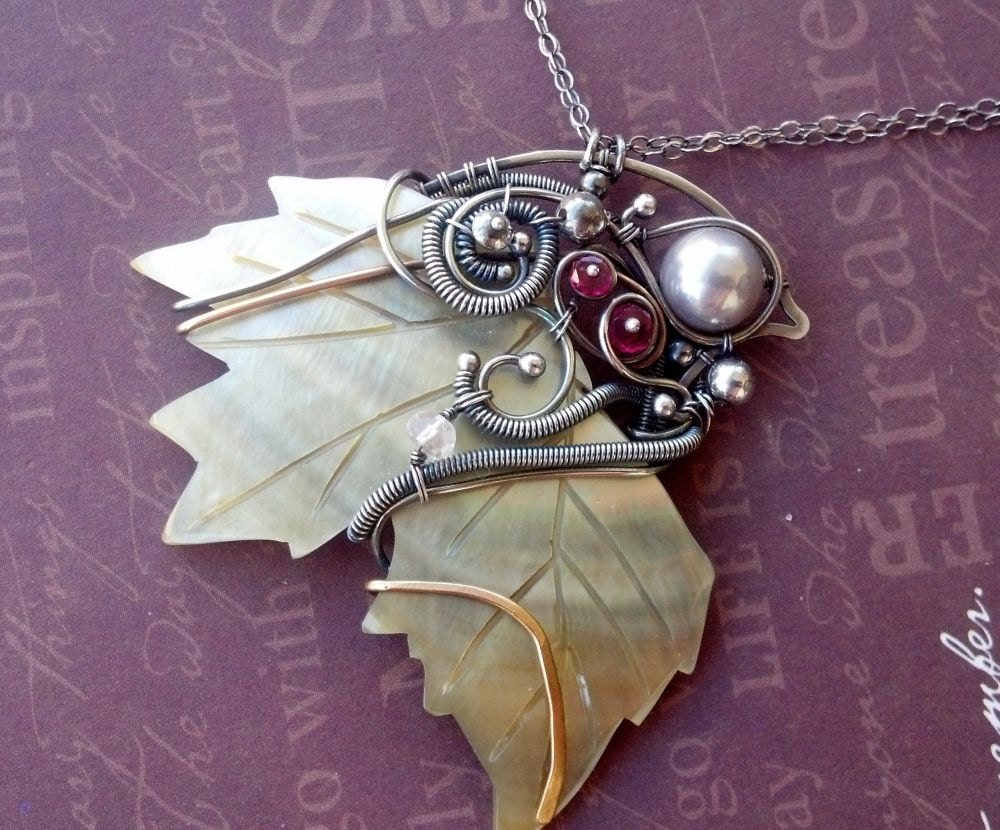 Growing Leaf shell necklace sterling silver Fine silver brass wire wrapped freeform Ruby Rose quartz south sea shell pearl double chain