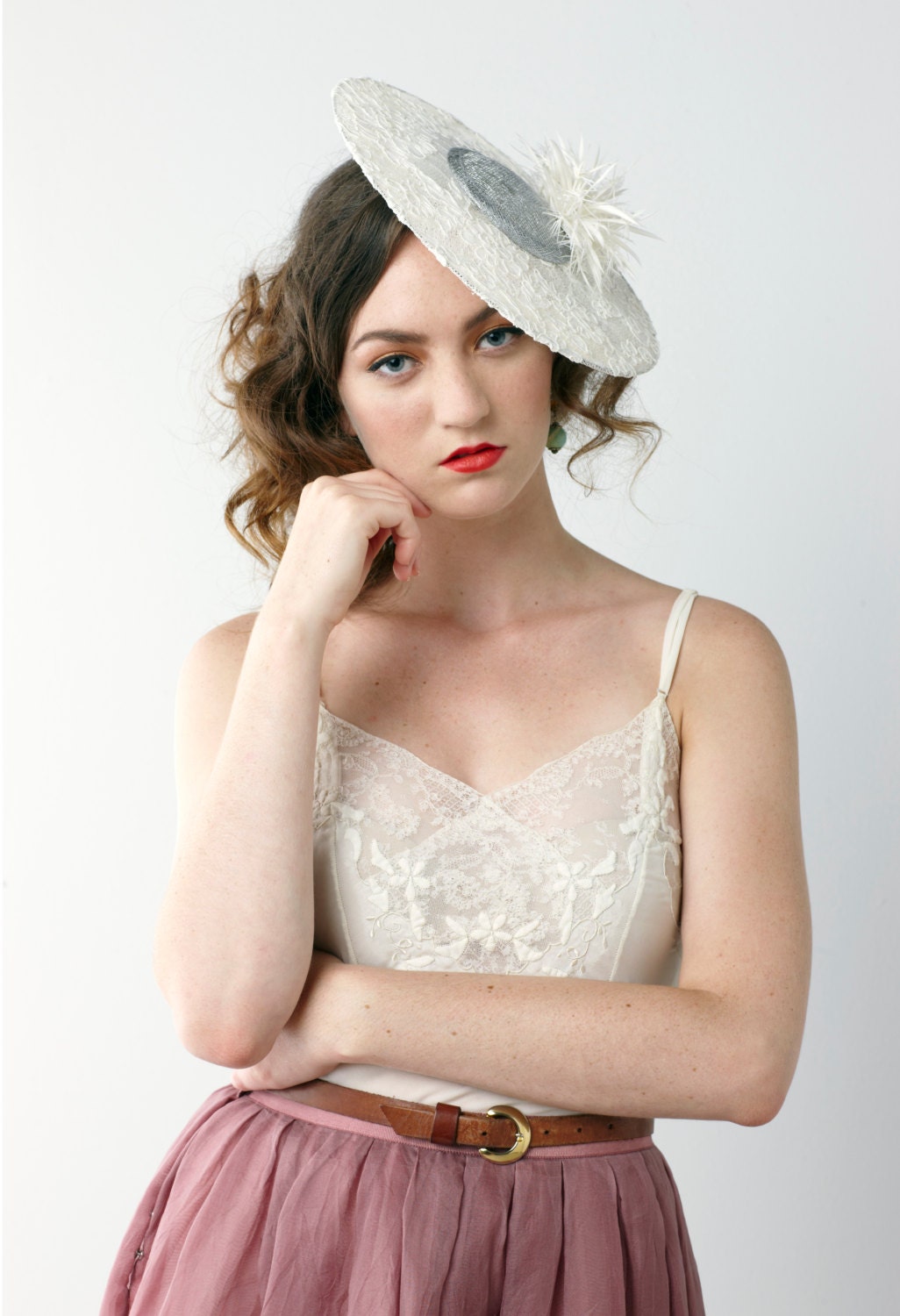 Wedding Hat, Alencon lace brim with silver crown and ivory star feather poms