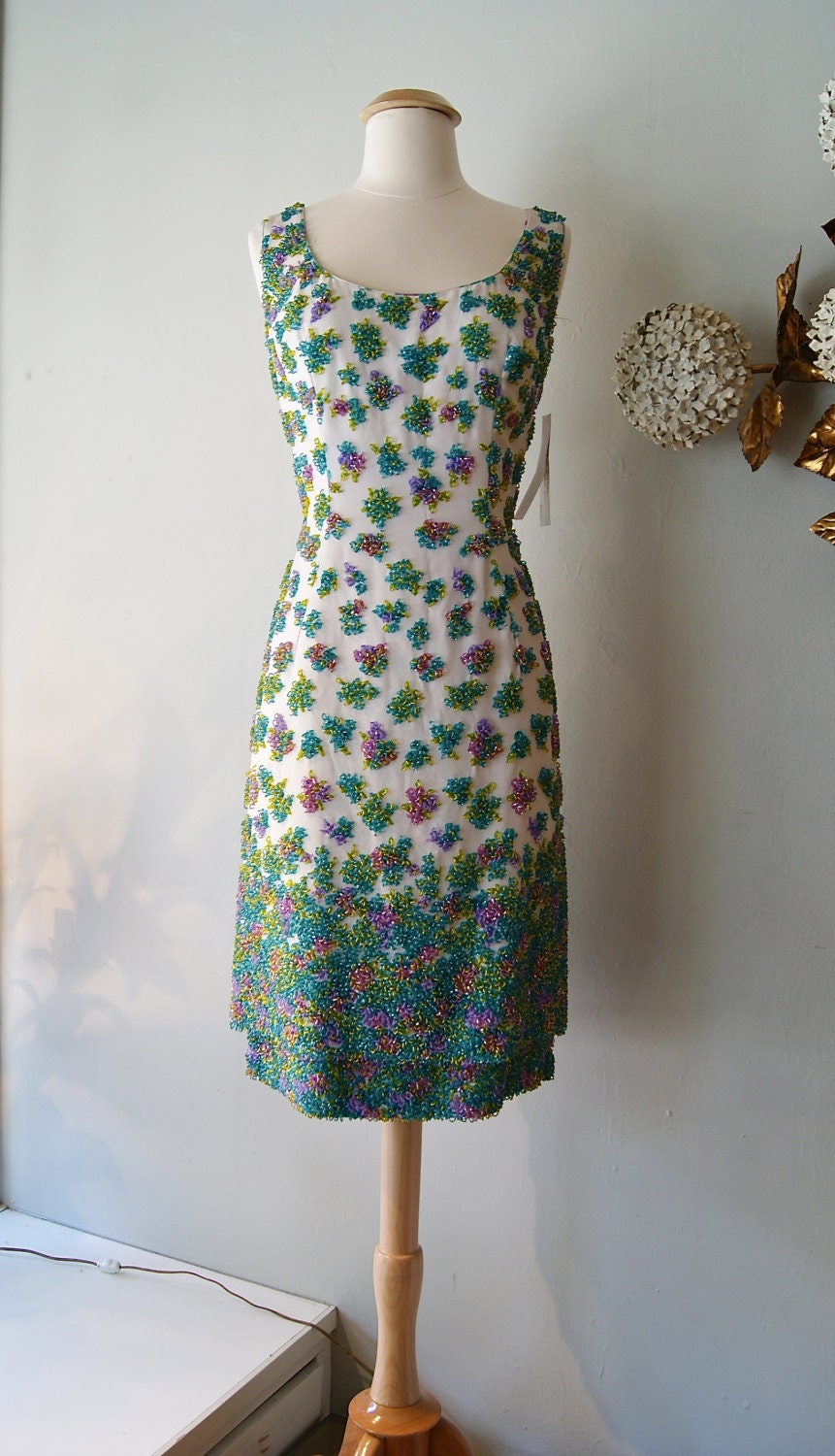 Vintage 60s Cocktail Dress // 1960s Beaded Dress Size 12