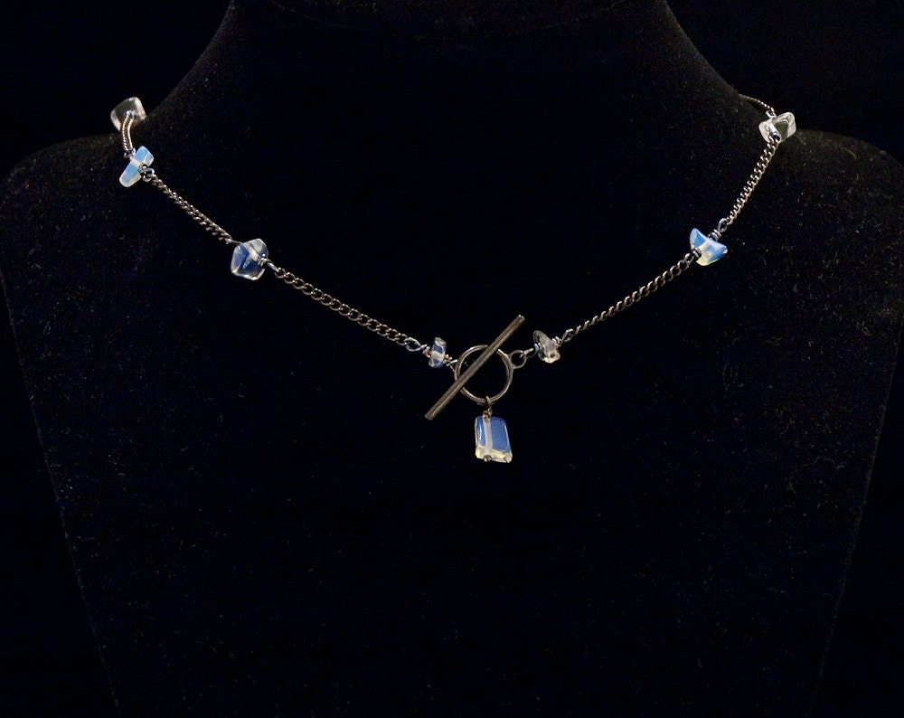 opalite and gunmetal toned chain // short front toggle clasp necklace // man made stone