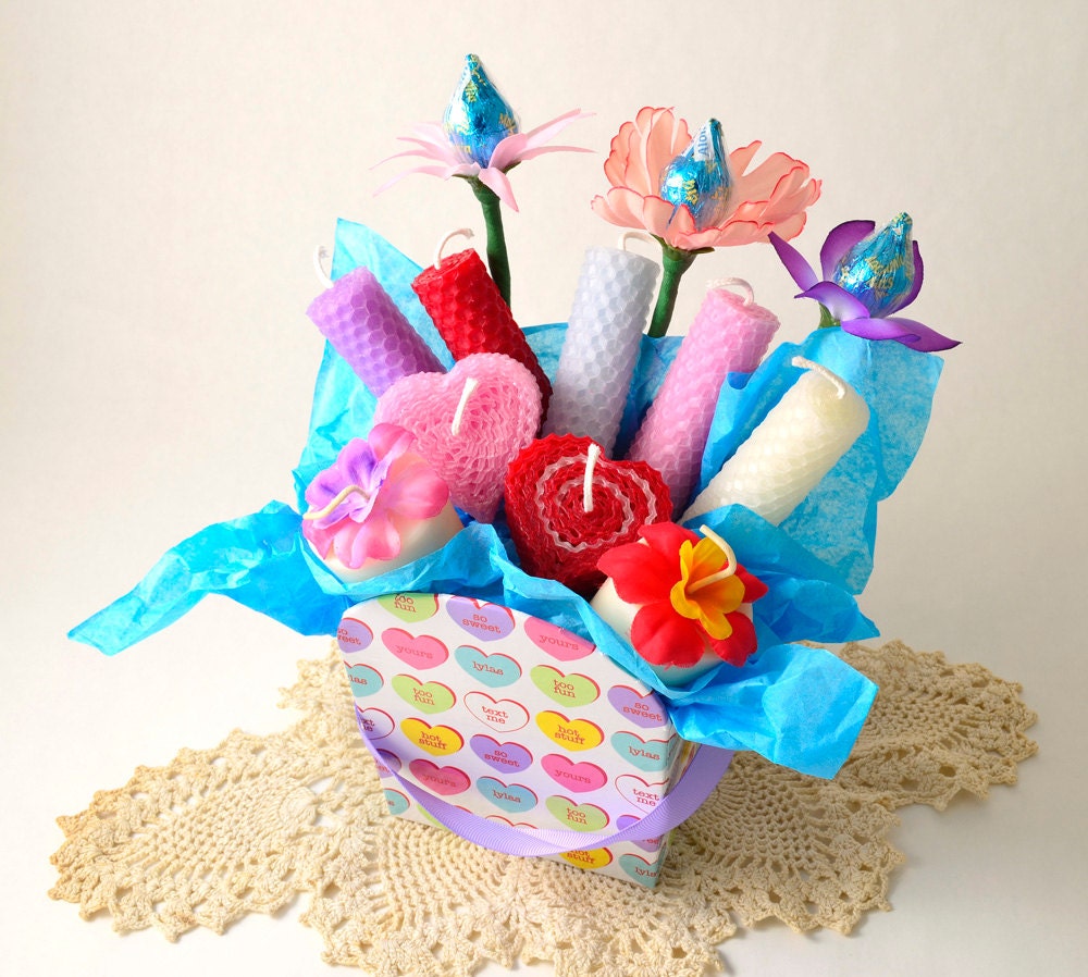 Candle Gift Basket Unique Love Gift Basket Conversation Heart I Love You Gift Candles Beeswax Heart Taper Chocolate Candy Flowers Handmade