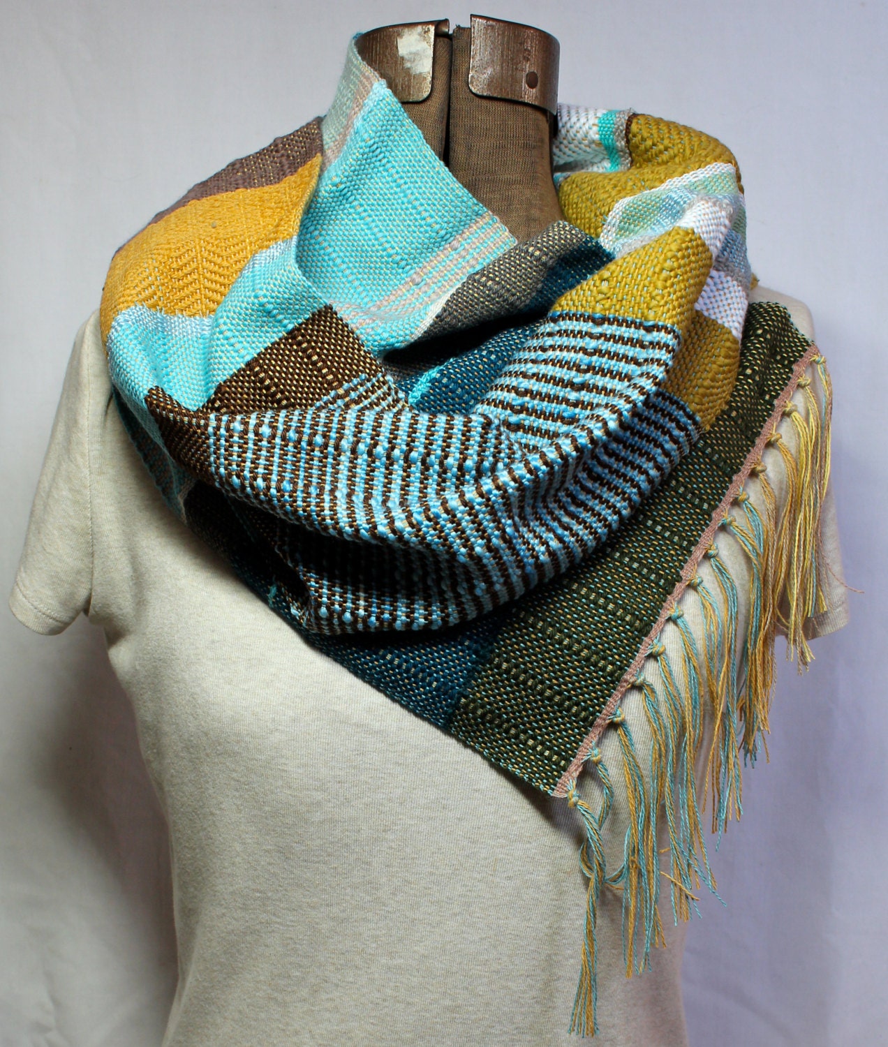 Harper - Handwoven Ocean Blue, Olive and Sunflower Scarf