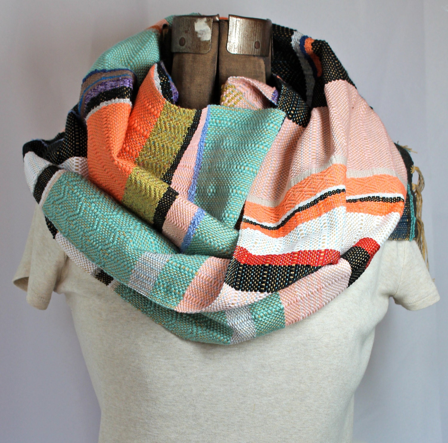 Berkeley - Handwoven Summer Scarf in Nectarine, Seafoam and Blush