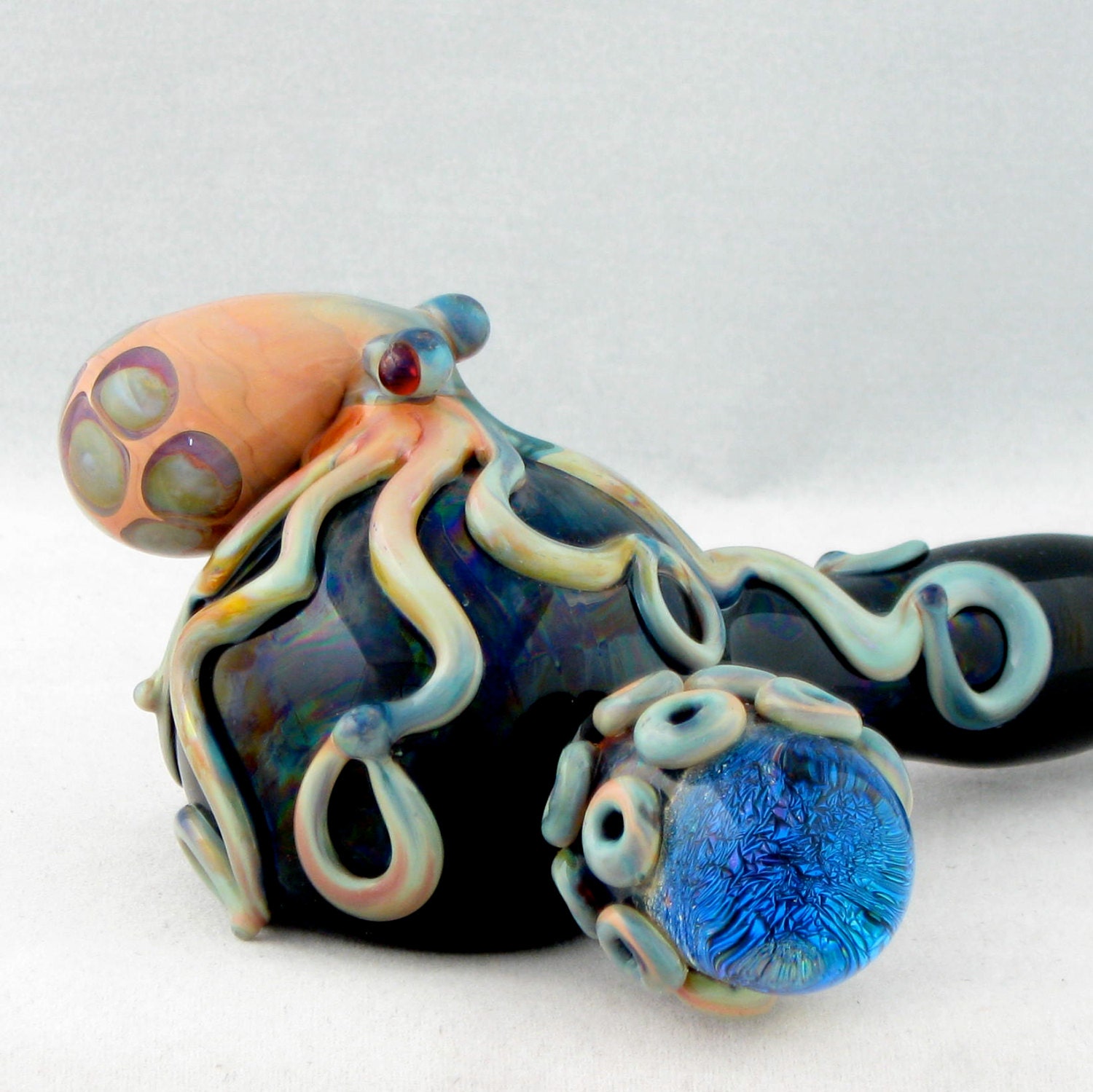 Glass Pipe Octopus Thick Wall Heavy Fumed Full Color Hand Blown Glass Reversible dichroic suction cups finger rest