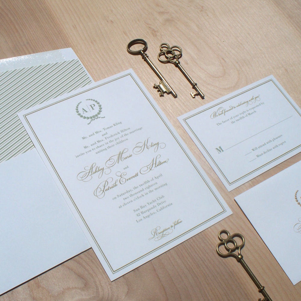 Monogram Wedding Invitation - classic invitation, rustic invitation, olive branch monogram, traditional, elegant, boarder, envelope liner