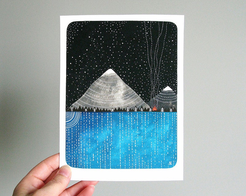 a campfire under the stars // original contemporary watercolour landscape painting // night sky, mountains // by natasha newton